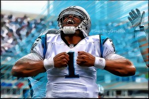 An illustration of Cam Newton of the Carolina Panthers, by Shea Heuning
