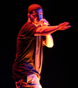 Drake performing in concert.
